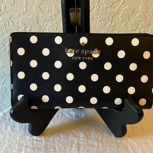 Kate Spade: Black & White Polka Dot Wallet- Gold Tone